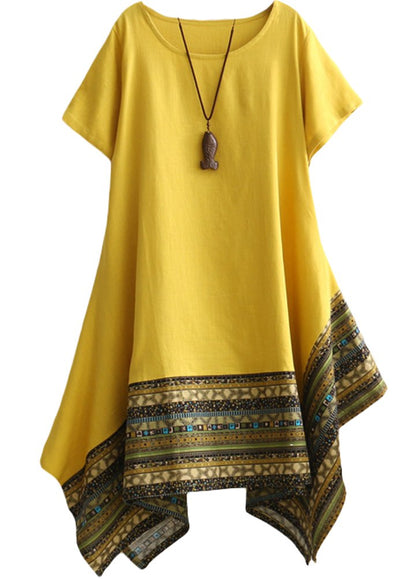 Minibee Women's Ethnic Cotton Linen Short/Long Sleeves Irregular Dress