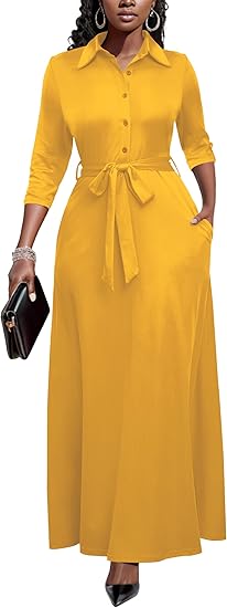 Runwind Women Church Maxi Dresses 3/4 Sleeve Button Down Print Casual Office Dress African