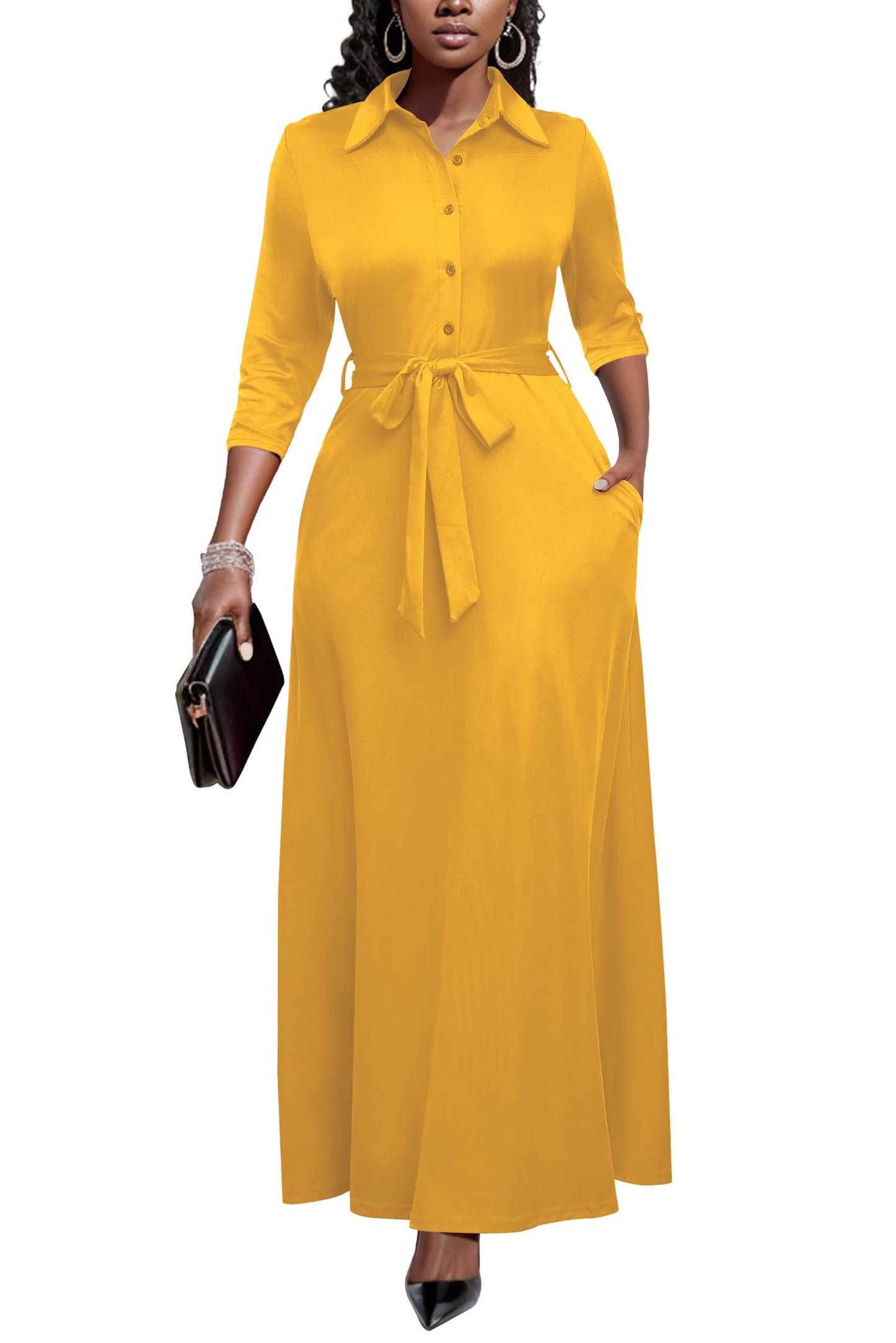 Runwind Women Church Maxi Dresses 3/4 Sleeve Button Down Print Casual Office Dress African