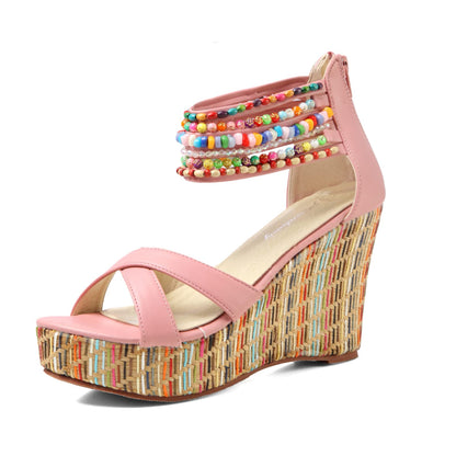 getmorebeauty Women's Wedge Sandals With Pearls Across The Top Platform Sandals High Heels