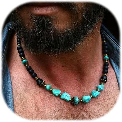 Beaded Necklace for Men,Handmade Men Turquoise Beaded Choker,Natural Wood Bead Necklaces Africa Wooden Chain Statement Unisex Strand Necklaces Hip Hop Beach Jewelry
