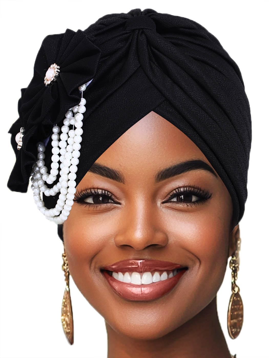 Woeoe Pearl Flower African Hats Pre-Tied Turbans Stretchy Twisted Church Wedding Head Wraps for Women