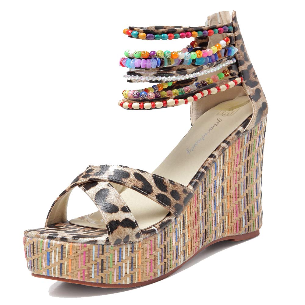 getmorebeauty Women's Wedge Sandals With Pearls Across The Top Platform Sandals High Heels
