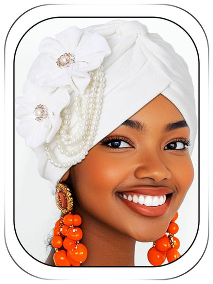 Woeoe Pearl Flower African Hats Pre-Tied Turbans Stretchy Twisted Church Wedding Head Wraps for Women