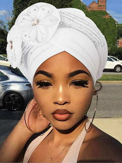Woeoe Beanie Cap Head Wrap Black Rhinestones Head Scarf Flower Pearls Twisted Head Turban for Women Girls