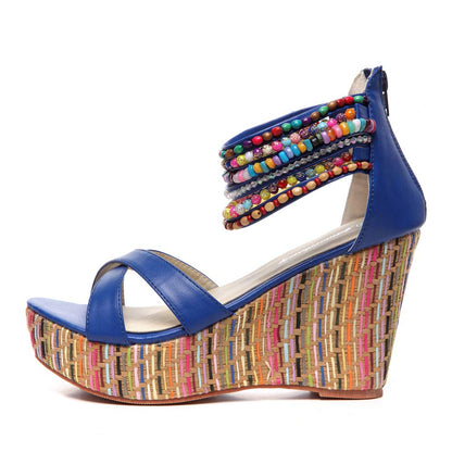 getmorebeauty Women's Wedge Sandals With Pearls Across The Top Platform Sandals High Heels