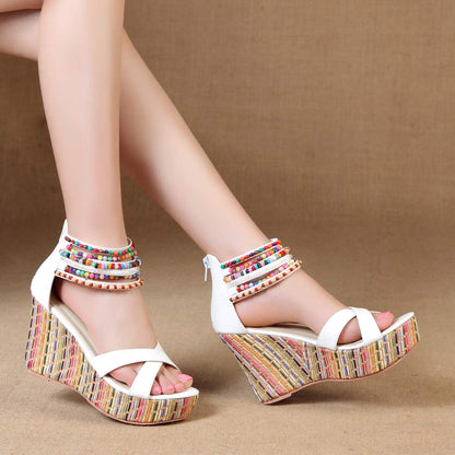 getmorebeauty Women's Wedge Sandals With Pearls Across The Top Platform Sandals High Heels