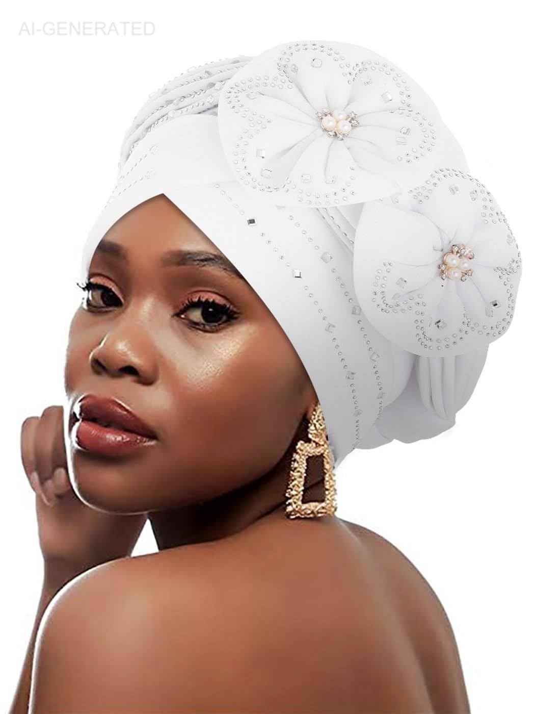 Woeoe Beanie Cap Head Wrap Black Rhinestones Head Scarf Flower Pearls Twisted Head Turban for Women Girls