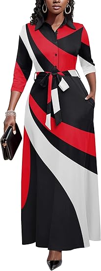 Runwind Women Church Maxi Dresses 3/4 Sleeve Button Down Print Casual Office Dress African