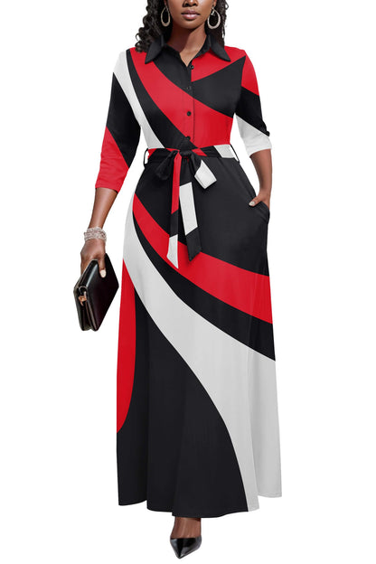 Rumwind Maxi Dresses for Women, 3/4 Sleeve Shirt Collar Casual Afircan Print Church Dress Button Down with Belt and Pockets