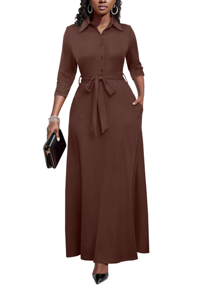 Runwind Women Church Maxi Dresses 3/4 Sleeve Button Down Print Casual Office Dress African