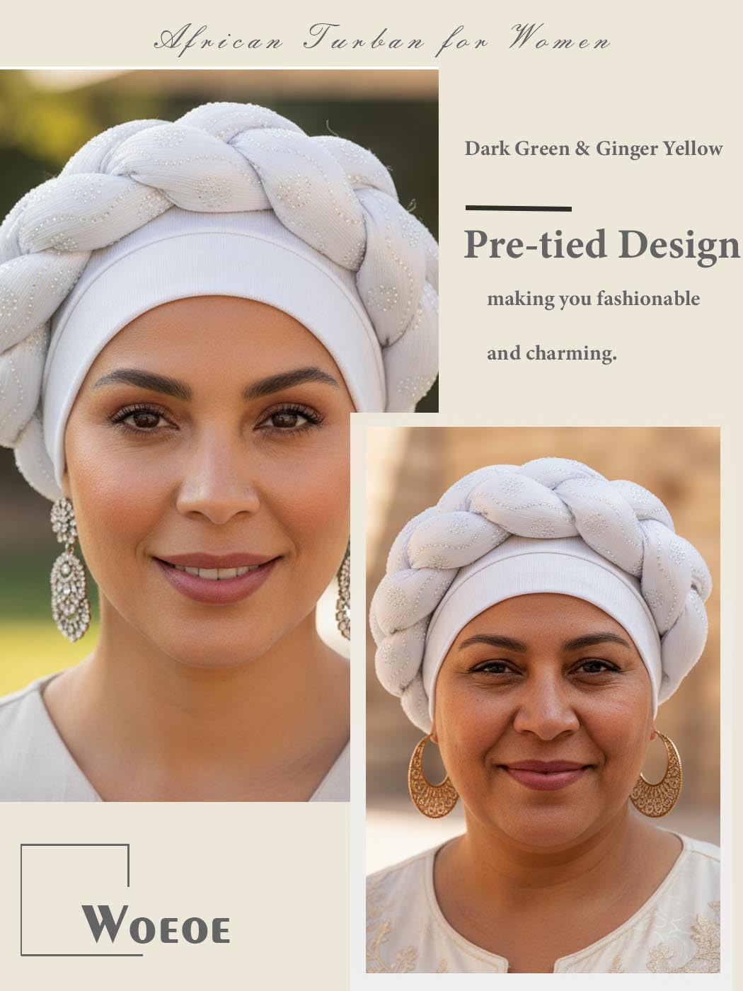 Woeoe African Headwrap Gold Braided Turbans for Women