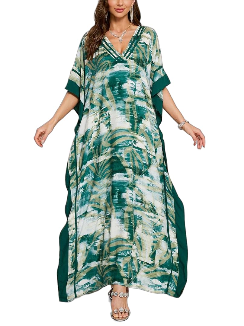 KECVOT Kaftan Dresses for Women V-Neck Print Swimsuit Cover Up Plus Size Beach Caftan Lounge Dress