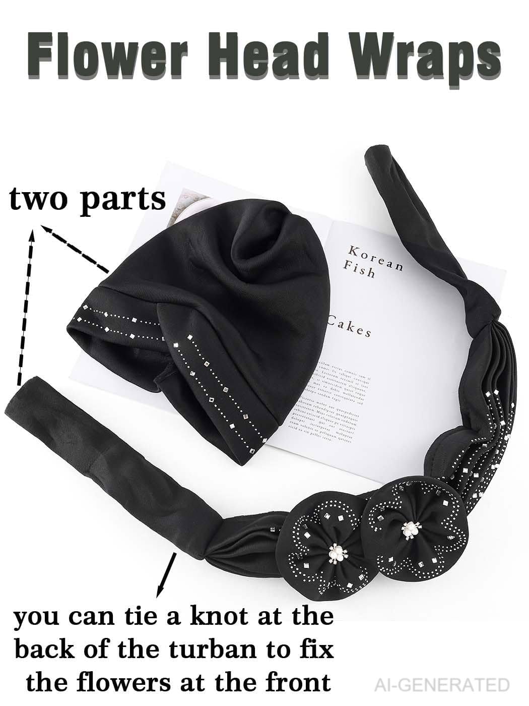 Woeoe Beanie Cap Head Wrap Black Rhinestones Head Scarf Flower Pearls Twisted Head Turban for Women Girls