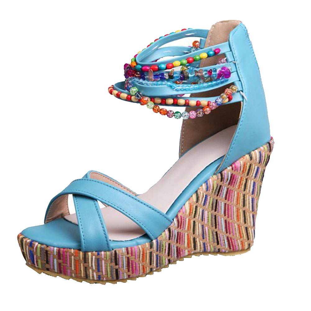 getmorebeauty Women's Wedge Sandals With Pearls Across The Top Platform Sandals High Heels