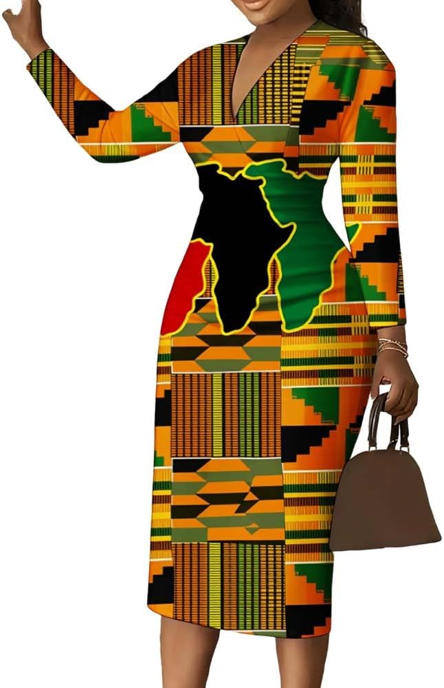 African Geometric Print Women Bodycon Dress V-Neck Long Sleeve Midi Dress