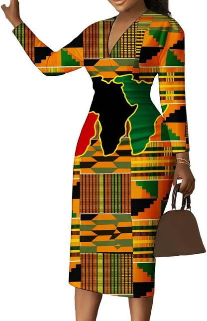 African Geometric Print Women Bodycon Dress V-Neck Long Sleeve Midi Dress