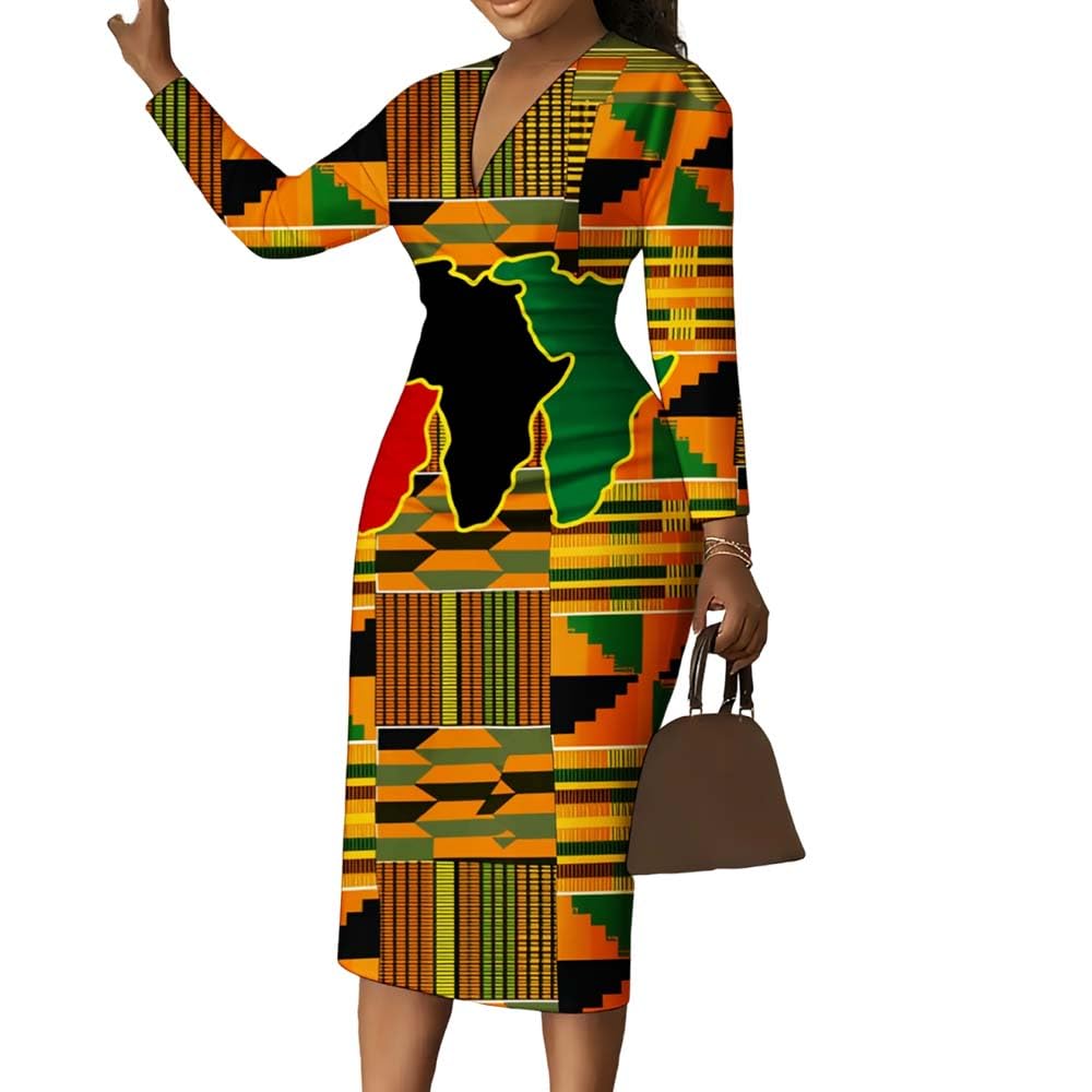 African Geometric Print Women Bodycon Dress V-Neck Long Sleeve Midi Dress