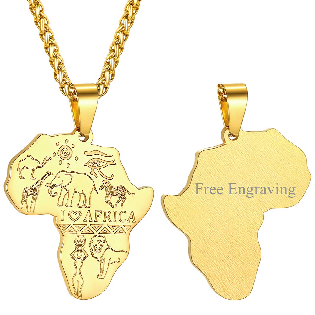 GOLDCHIC JEWELRY Africa Map Necklace for Men, Stainless Steel African Tribal/Egyptian Eye of Horus/I LOVE AFRICA/Elephant Map Hiphop Jewelry Unisex with 22'+2'Adjustable Chain