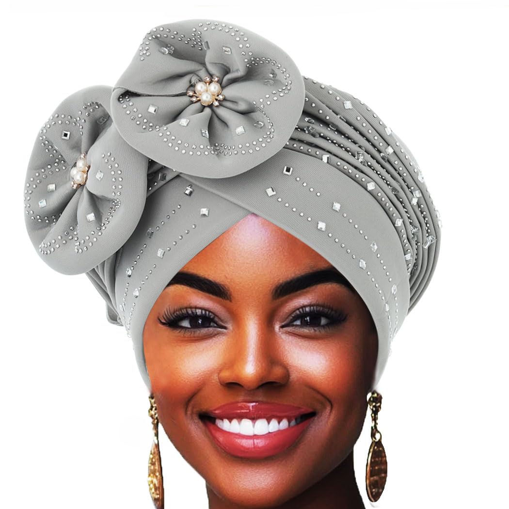 Woeoe Beanie Cap Head Wrap Black Rhinestones Head Scarf Flower Pearls Twisted Head Turban for Women Girls