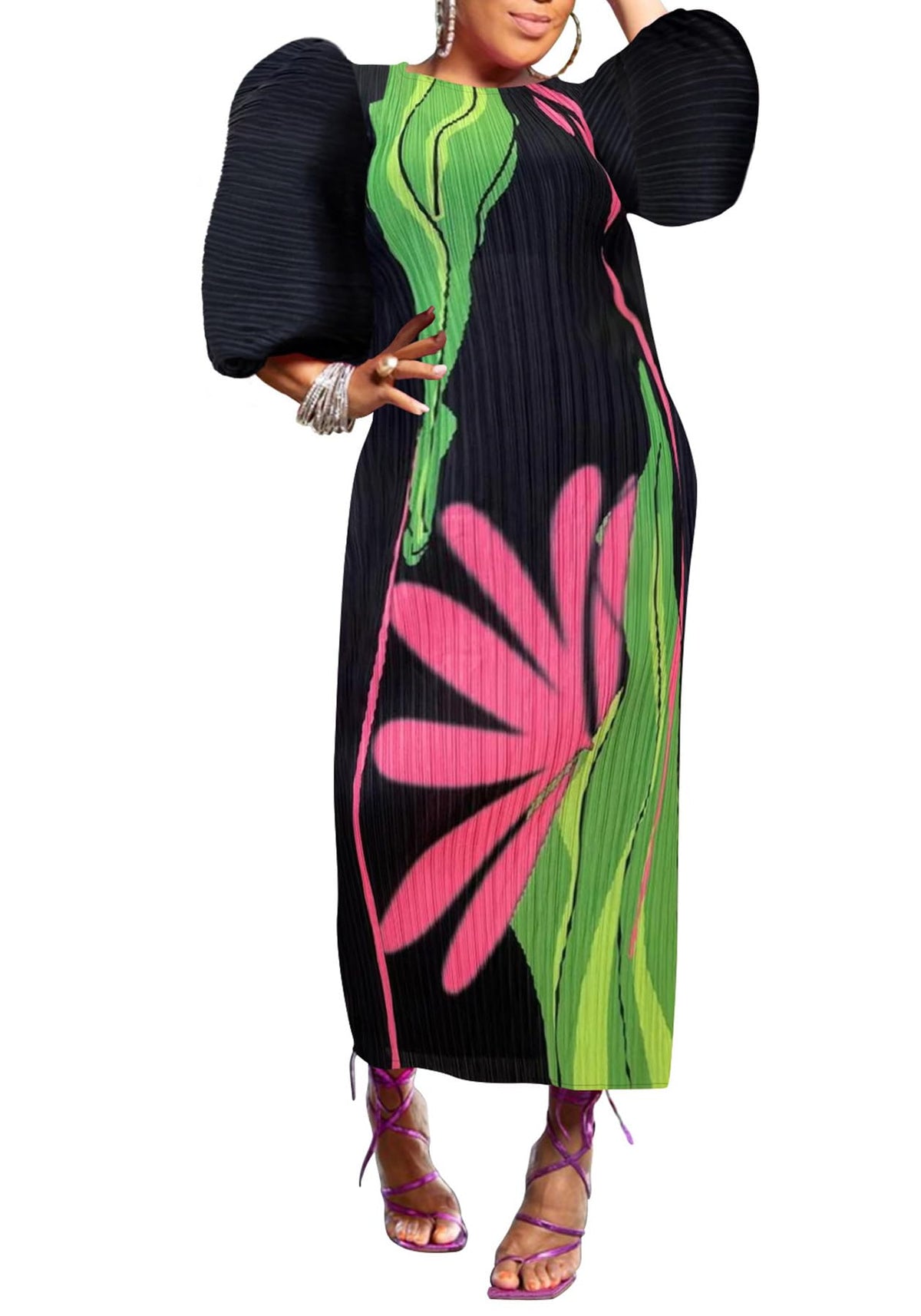 Women Colorful African Dress Floral Party Pleated Maxi Dress