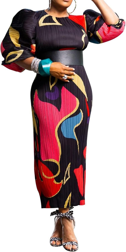 Women Colorful African Dress Floral Party Pleated Maxi Dress