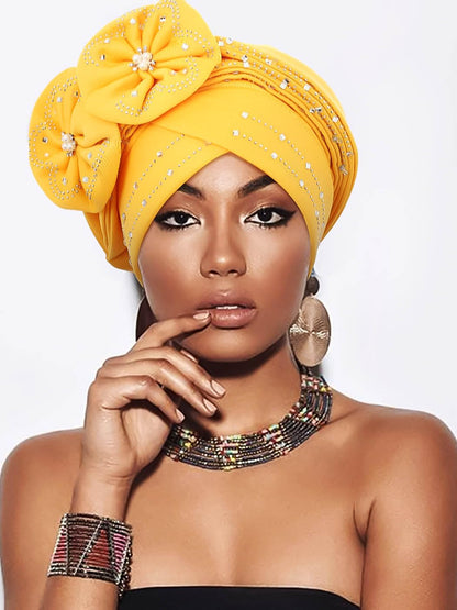 Woeoe Beanie Cap Head Wrap Black Rhinestones Head Scarf Flower Pearls Twisted Head Turban for Women Girls