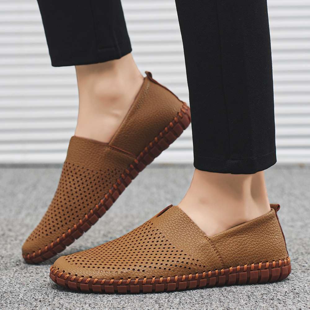 Men's Genuine Leather Loafer Shoes Slip On Soft Walking Shoes Perforated Driving Shoes