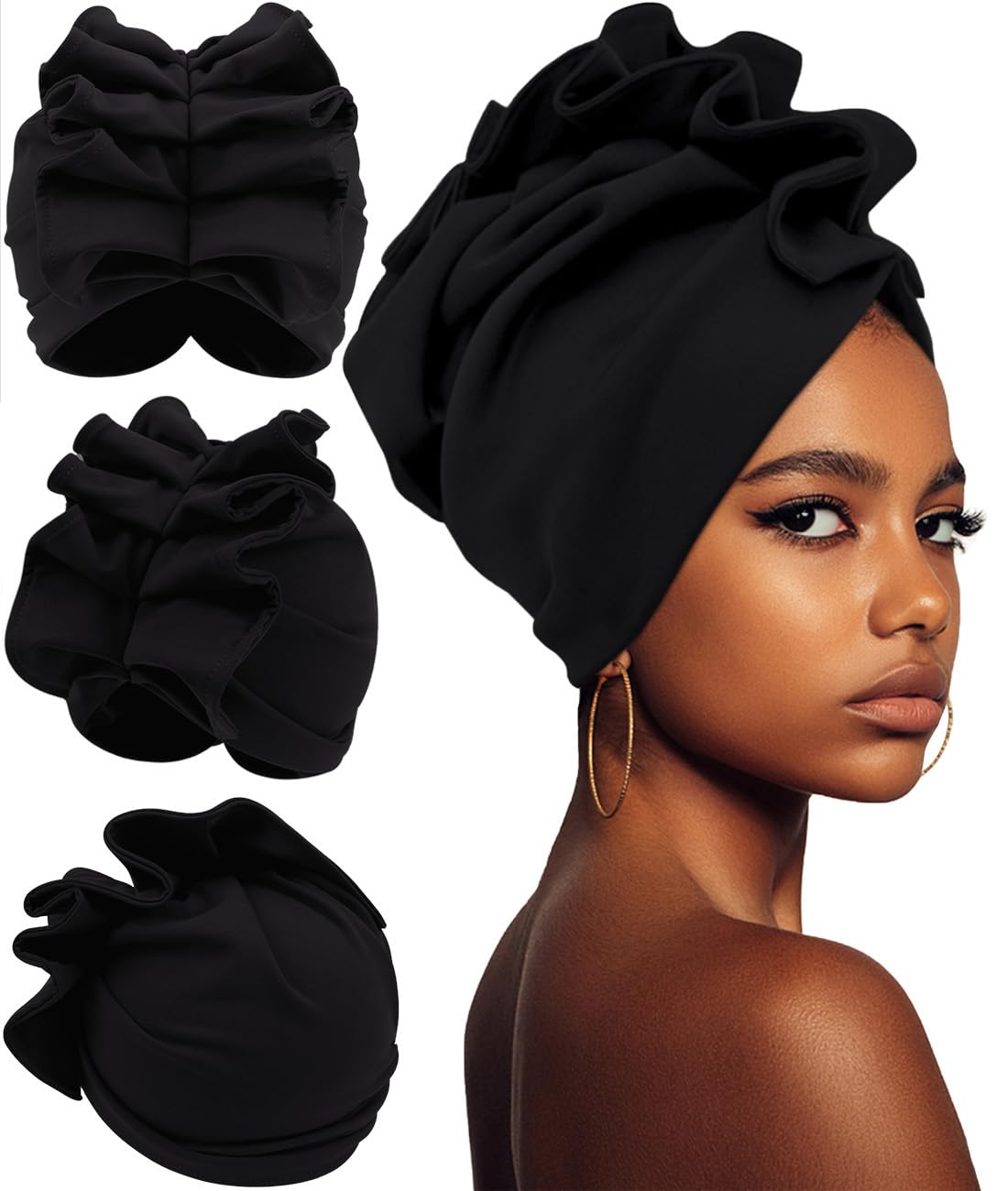 Babalet Stretch Turban Hats for Women, African Double-Layered Headwraps Soft Pre Tied Pleated Ruffled Hat
