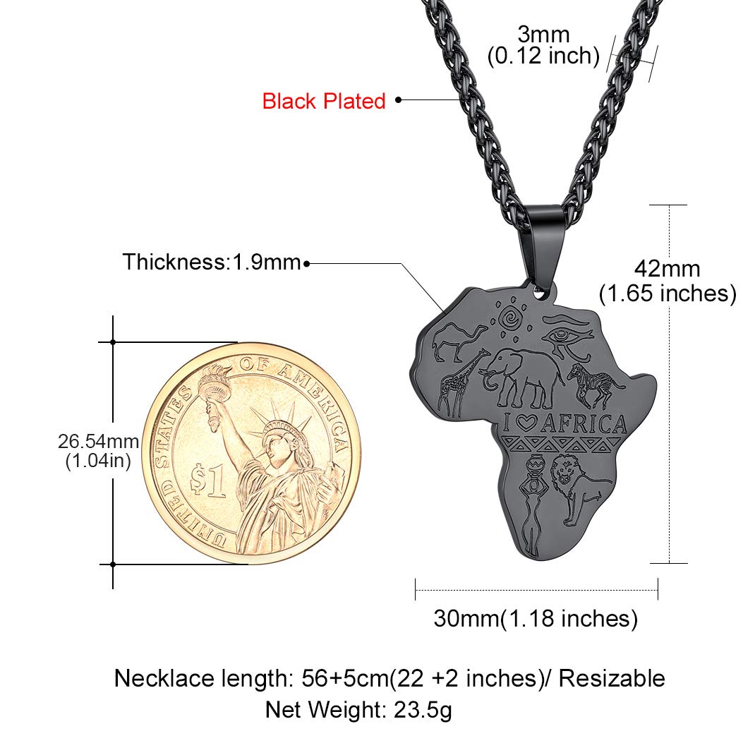 GOLDCHIC JEWELRY Africa Map Necklace for Men, Stainless Steel African Tribal/Egyptian Eye of Horus/I LOVE AFRICA/Elephant Map Hiphop Jewelry Unisex with 22'+2'Adjustable Chain