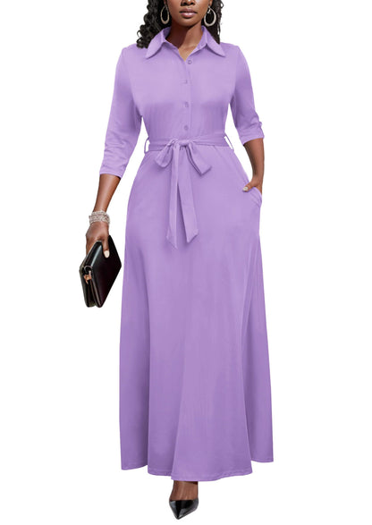 Runwind Women Church Maxi Dresses 3/4 Sleeve Button Down Print Casual Office Dress African