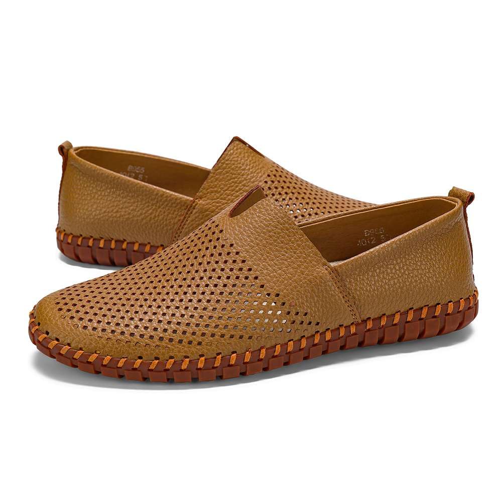 Men's Genuine Leather Loafer Shoes Slip On Soft Walking Shoes Perforated Driving Shoes