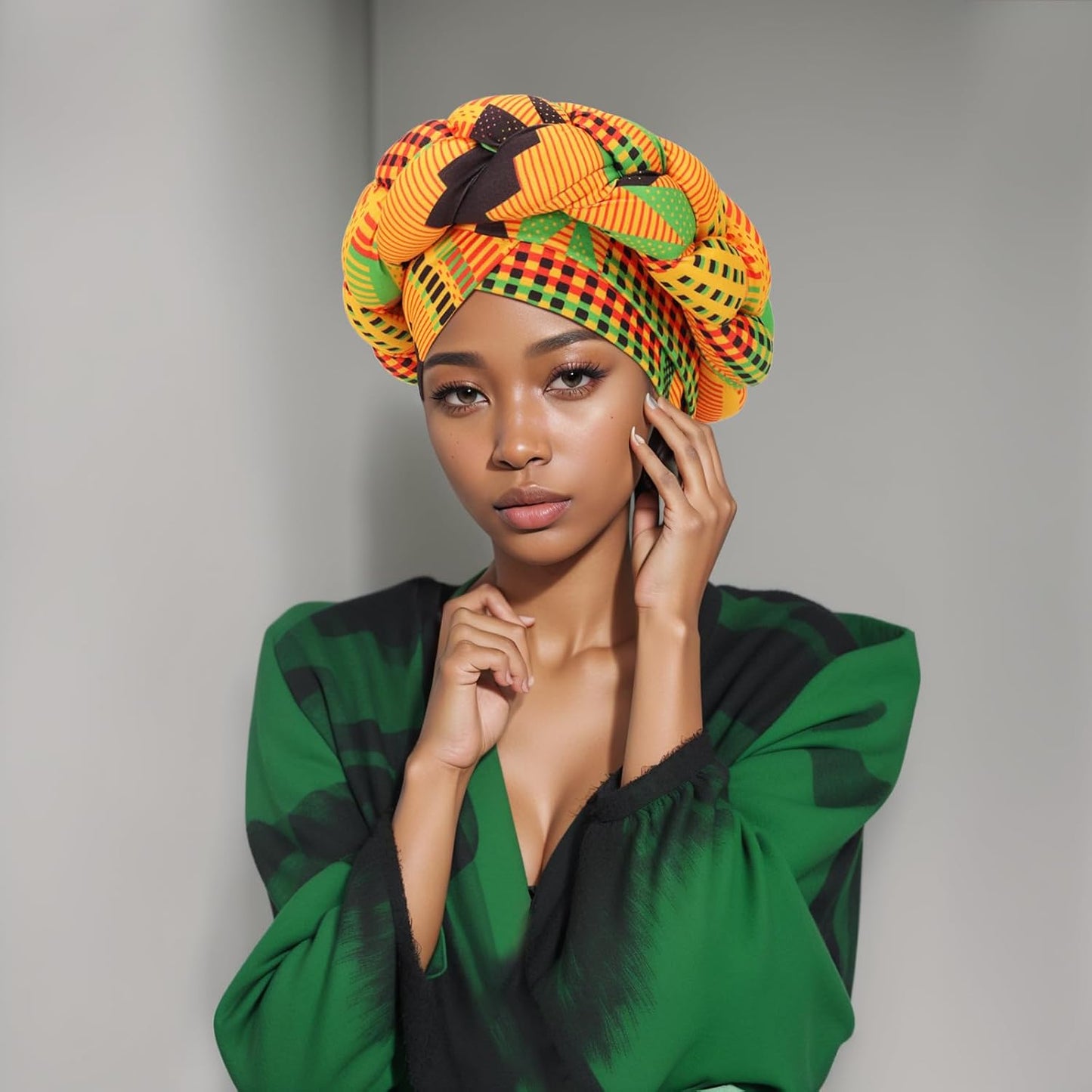 XEPST African Turban Head Wraps Big Braid Cross Turban Hat for Women, Printed Head Wrap Pre-Tied Stretchy Soft Fashion Headwear for Women, Yellow