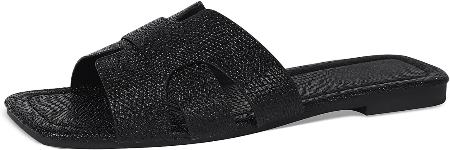 Women's Dressy Casual Flat Sandals, Elegant Comfortable Slip-On Slides with Textured Upper, Versatile Dressy Style for Everyday Wear