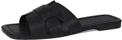 Women's Dressy Casual Flat Sandals, Elegant Comfortable Slip-On Slides with Textured Upper, Versatile Dressy Style for Everyday Wear
