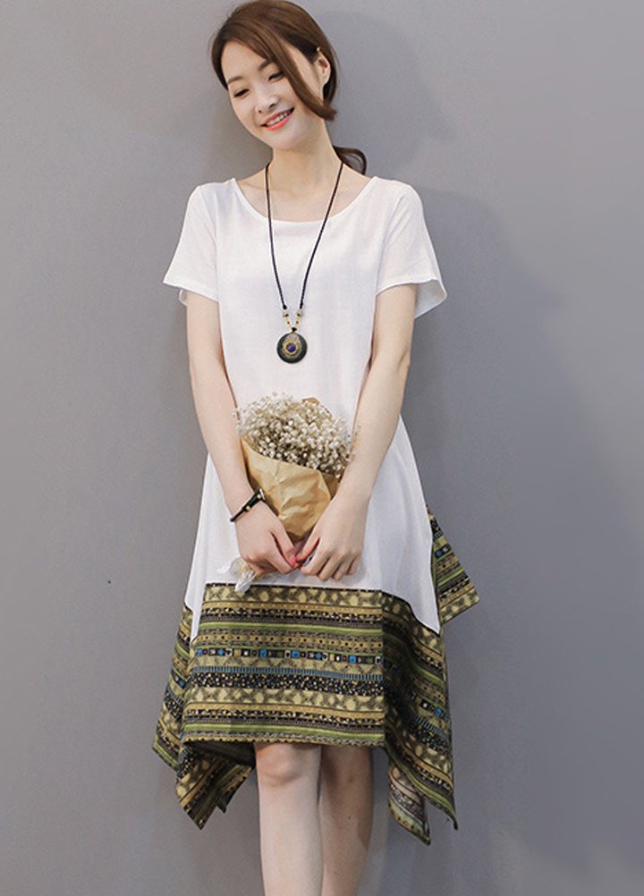 Minibee Women's Ethnic Cotton Linen Short/Long Sleeves Irregular Dress