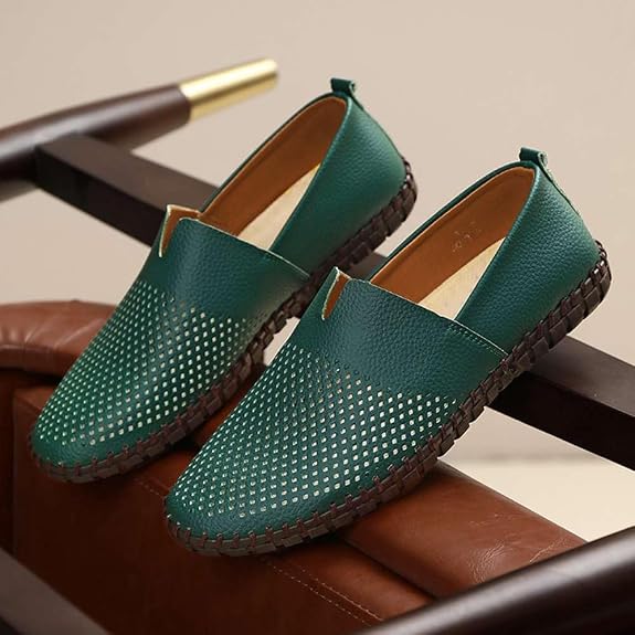 Men's Genuine Leather Loafer Shoes Slip On Soft Walking Shoes Perforated Driving Shoes