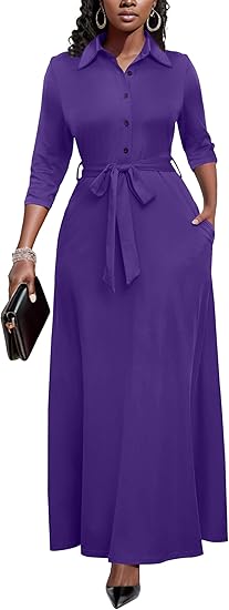 Runwind Women Church Maxi Dresses 3/4 Sleeve Button Down Print Casual Office Dress African