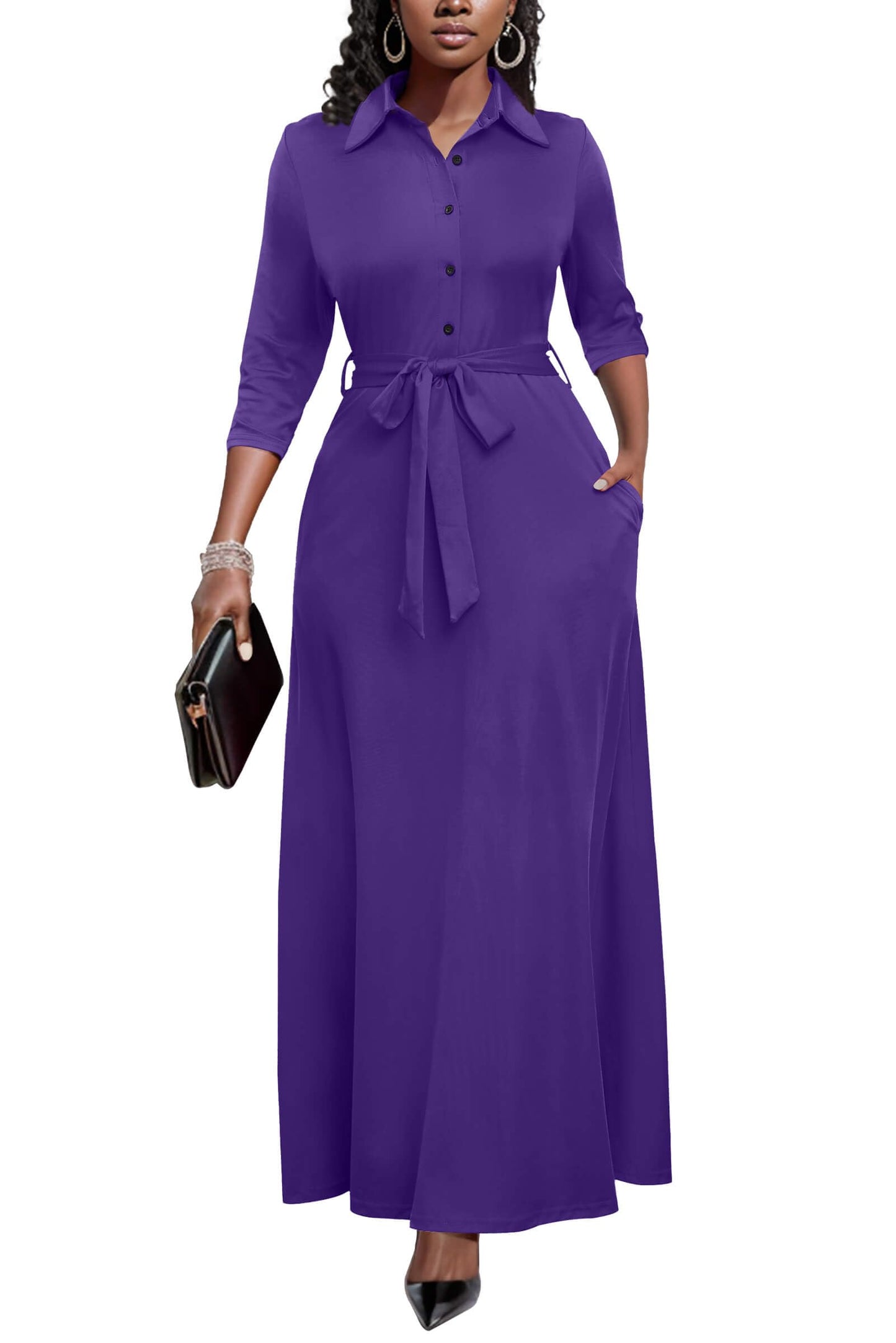 Runwind Women Church Maxi Dresses 3/4 Sleeve Button Down Print Casual Office Dress African