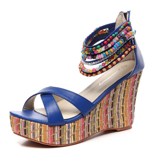 getmorebeauty Women's Wedge Sandals With Pearls Across The Top Platform Sandals High Heels