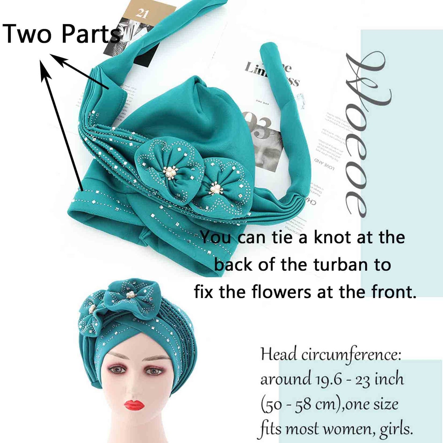Woeoe Beanie Cap Head Wrap Black Rhinestones Head Scarf Flower Pearls Twisted Head Turban for Women Girls