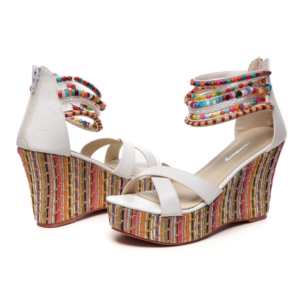 getmorebeauty Women's Wedge Sandals With Pearls Across The Top Platform Sandals High Heels