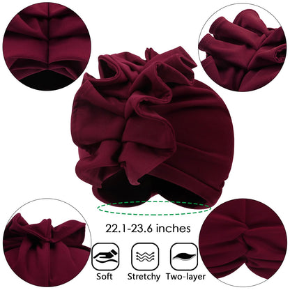 Babalet Stretch Turban Hats for Women, African Double-Layered Headwraps Soft Pre Tied Pleated Ruffled Hat