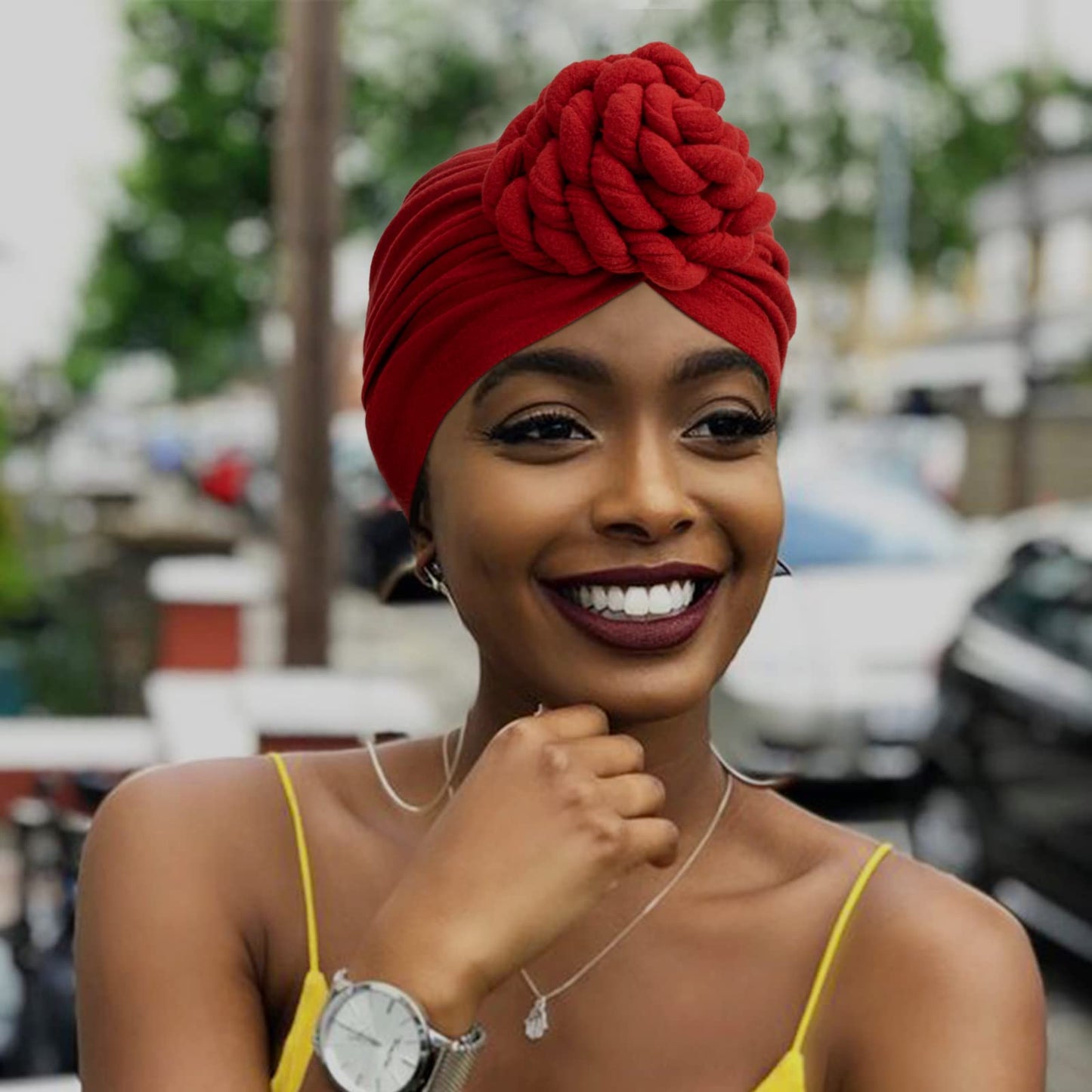 DRESHOW 5 Pack Knotted Headwraps for Women African Turban Pre-Knotted Beanie Headwraps Hair Covers