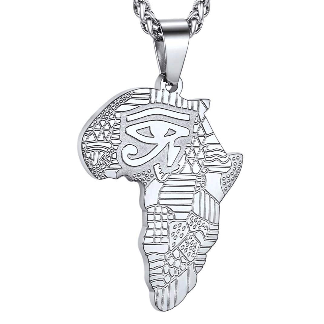 GOLDCHIC JEWELRY Africa Map Necklace for Men, Stainless Steel African Tribal/Egyptian Eye of Horus/I LOVE AFRICA/Elephant Map Hiphop Jewelry Unisex with 22'+2'Adjustable Chain