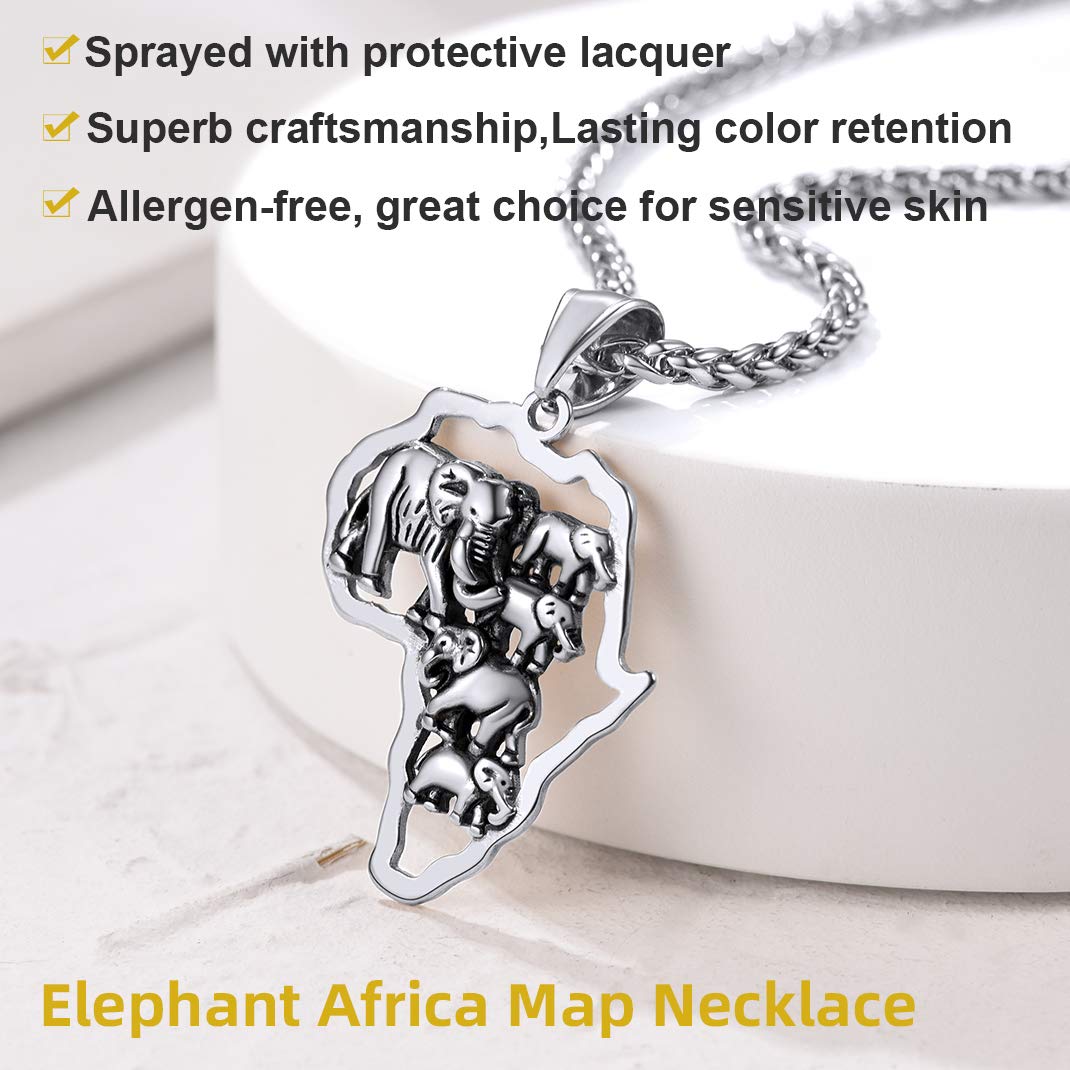 GOLDCHIC JEWELRY Africa Map Necklace for Men, Stainless Steel African Tribal/Egyptian Eye of Horus/I LOVE AFRICA/Elephant Map Hiphop Jewelry Unisex with 22'+2'Adjustable Chain