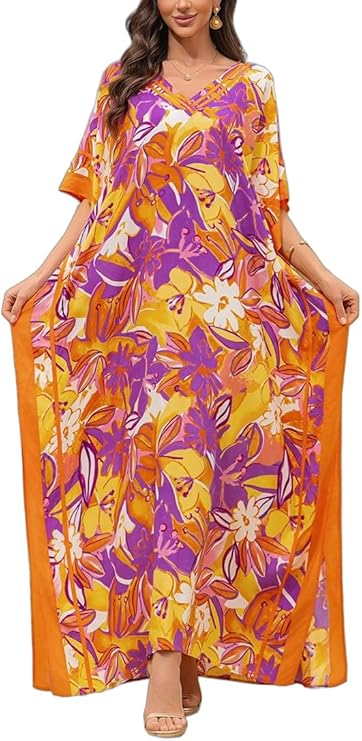 Kaftan Dresses for Women V-Neck Print Swimsuit Cover Up Plus Size Beach Caftan Lounge Dress
