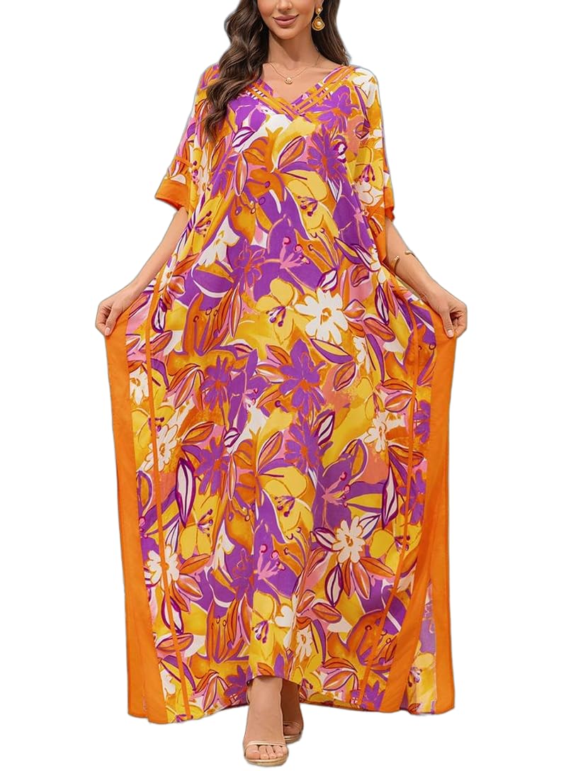 KECVOT Kaftan Dresses for Women V-Neck Print Swimsuit Cover Up Plus Size Beach Caftan Lounge Dress