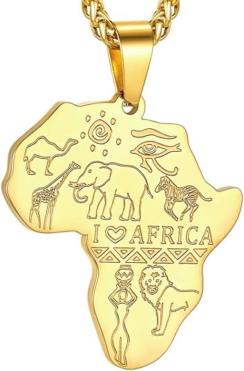GOLDCHIC JEWELRY Africa Map Necklace for Men, Stainless Steel African Tribal/Egyptian Eye of Horus/I LOVE AFRICA/Elephant Map Hiphop Jewelry Unisex with 22'+2'Adjustable Chain