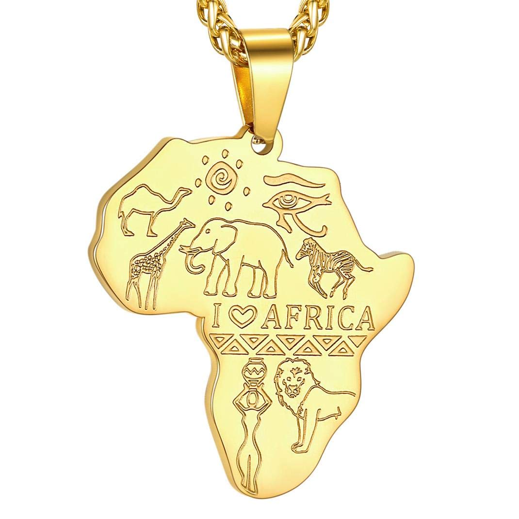 GOLDCHIC JEWELRY Africa Map Necklace for Men, Stainless Steel African Tribal/Egyptian Eye of Horus/I LOVE AFRICA/Elephant Map Hiphop Jewelry Unisex with 22'+2'Adjustable Chain
